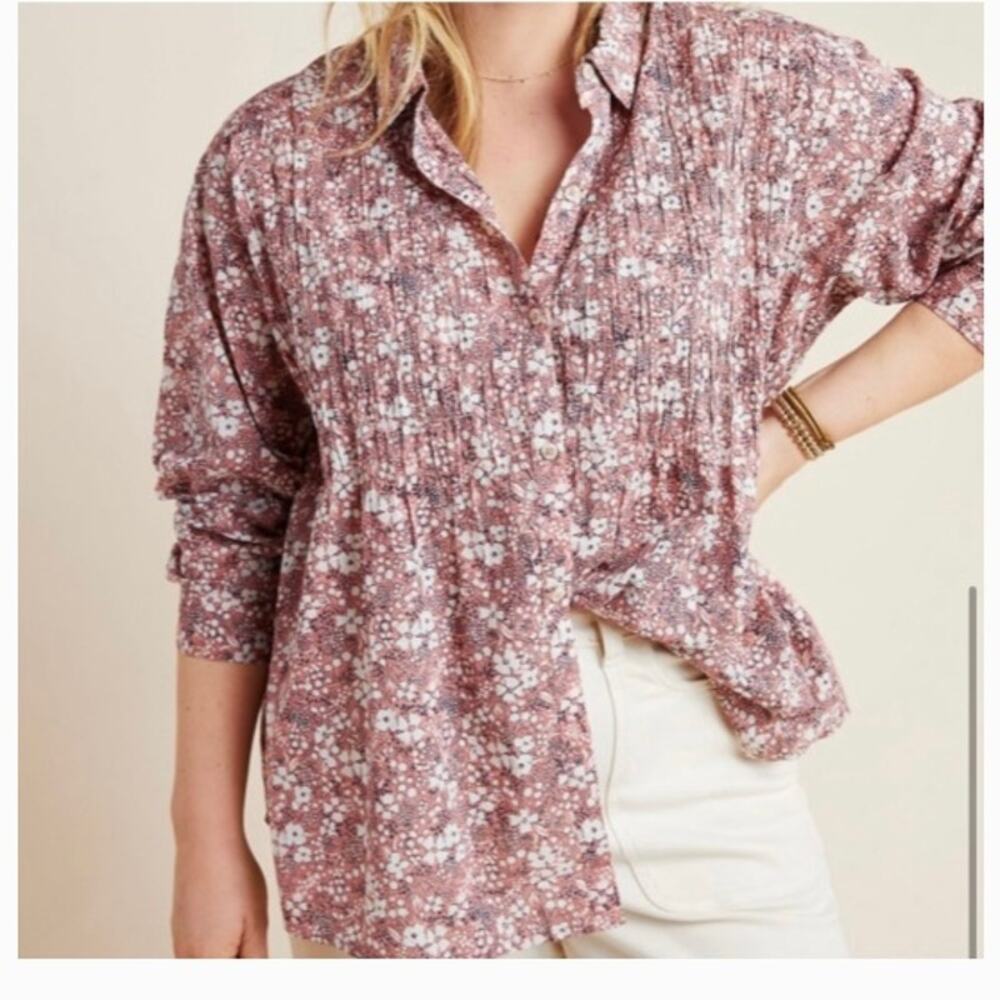 Anthropologie Pilcro The Sasha Smocked Sz S Boyfriend Button Down Shirt